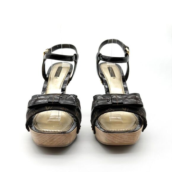LOUIS VUITTON Idylle Monogram Platform Pumps Size 38 Peep Toe Patent Bow Brown - Picture 8 of 16